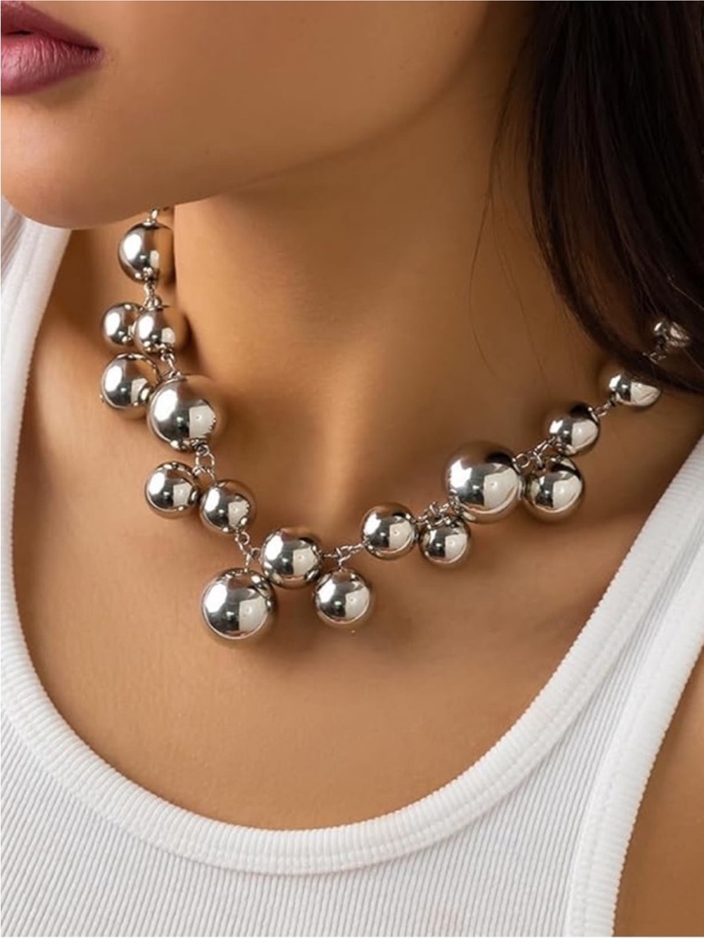 New! Silver Ball Bubble Hyperbole Cluster Statement Lightweight Necklace